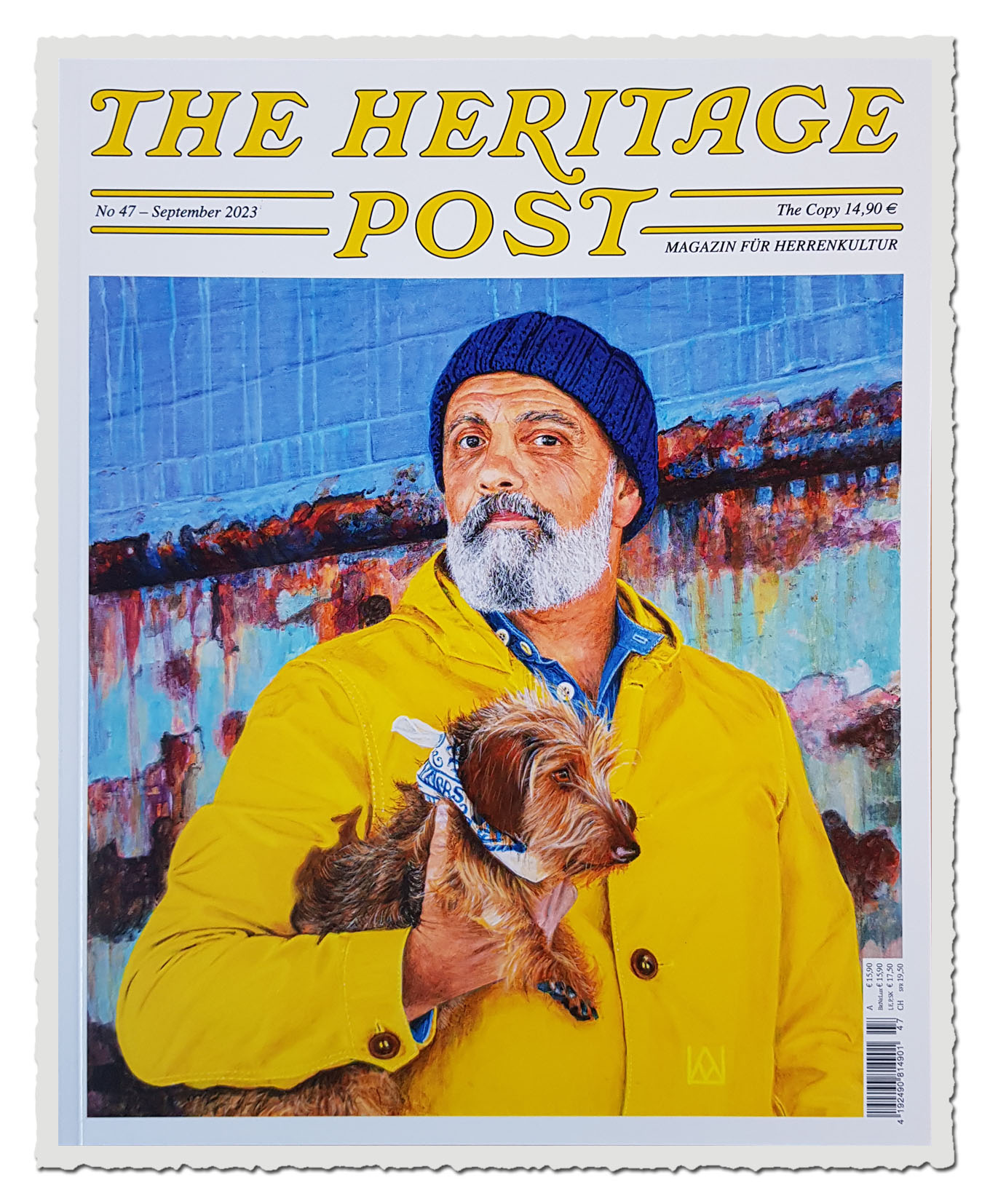 The Heritage Post Ausgabe 47 September 2023 mit Mann im gelben Mantel und Hund, Retro Magazin